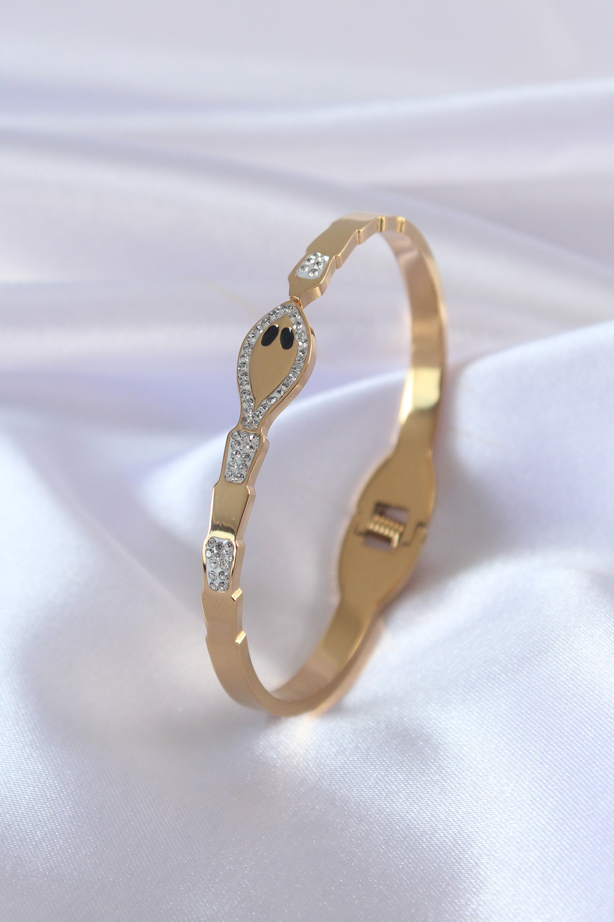 316L Çelik Gold Renk Yılan Model Zirkon Taş Detay Kadın Kelepçe 5886
