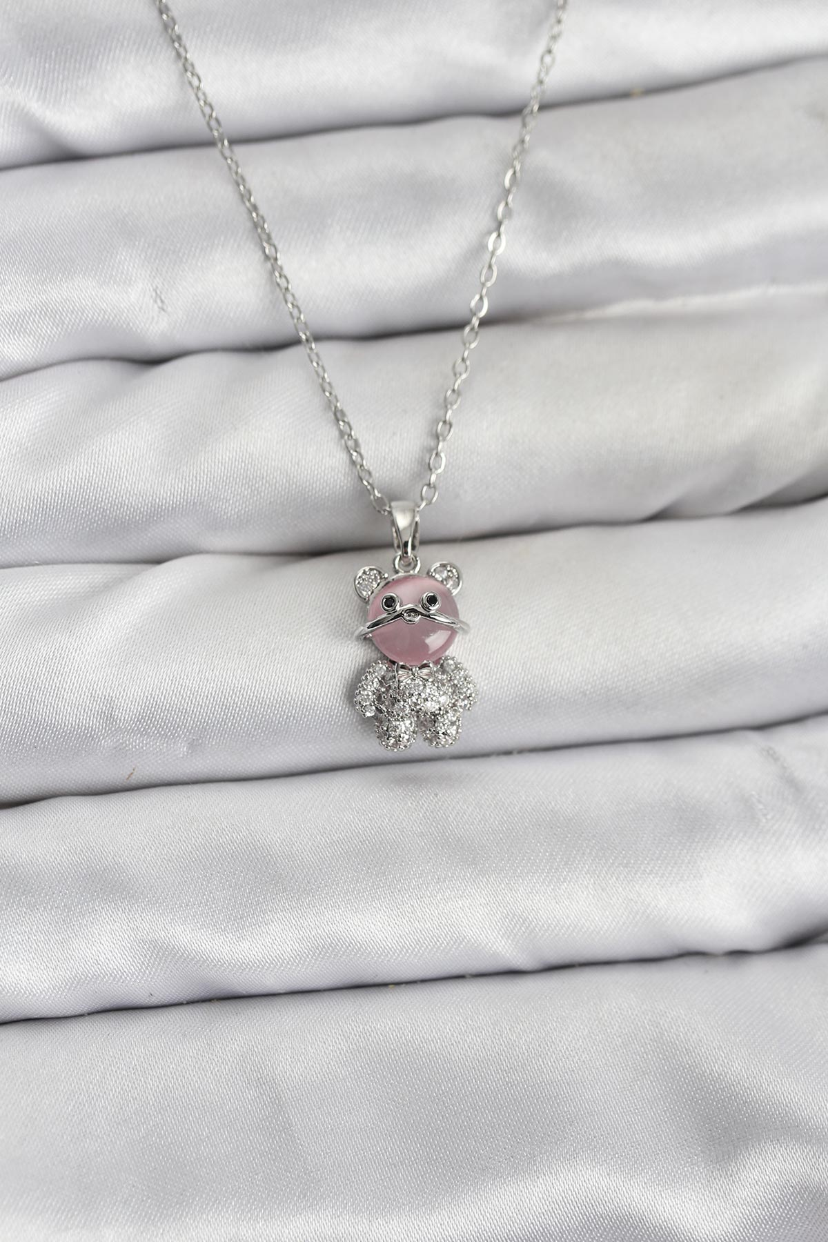316L Çelik Zincir Gümüş Renk Teddy Bear Model Zirkon Taşlı Kadın Kolye 5886