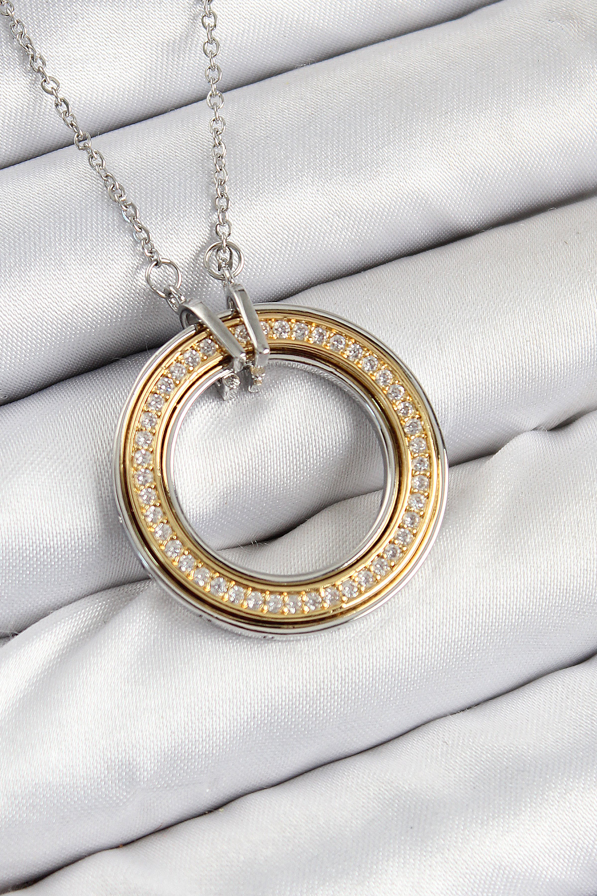 316L Çelik Zirkon Taşlı Dönen Daire Model Gold Ve Gümüş Renk Kadın Kolye 5886