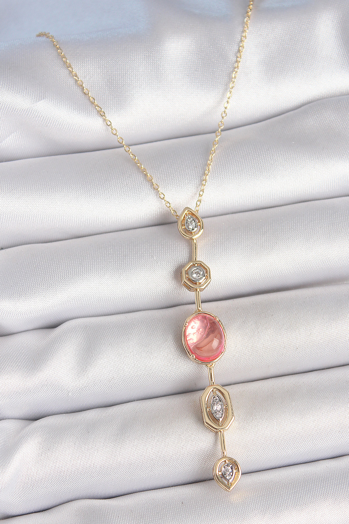 Pirinç Zincir Pembe Gold Renk Zirkon Taşlı Y Kolye 5886