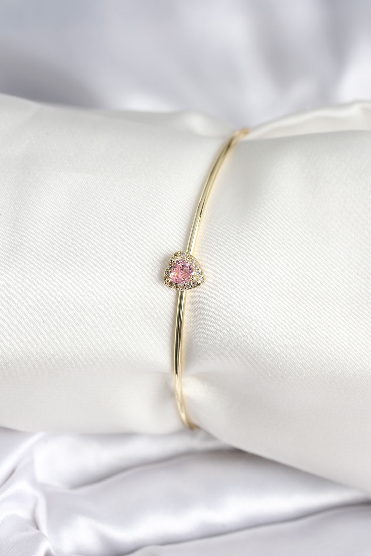 Pembe Zirkon Taşlı Kalp Model Gold Renk Kadın Bileklik 5886