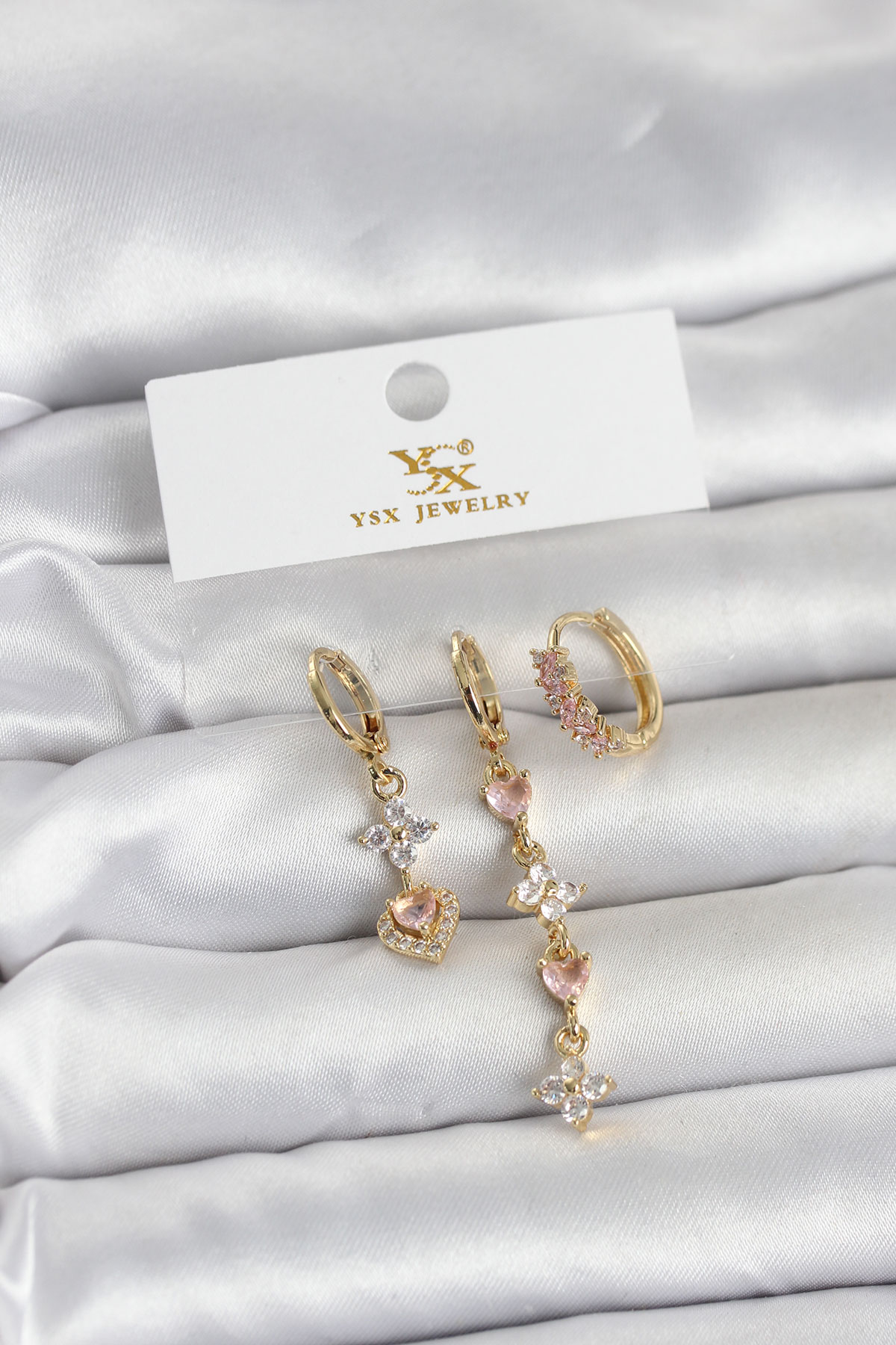 Pirinç Gold Renk Pembe Zirkon Taşlı 3'lü Kadın Küpe 5886
