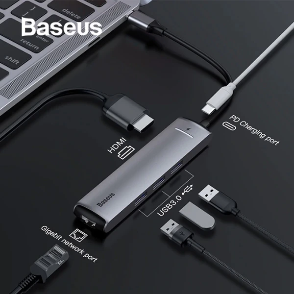 Baseus Usb Type C 6in1 HDMI 3x USB 3.0 RJ45 Çoğaltıcı Adaptör