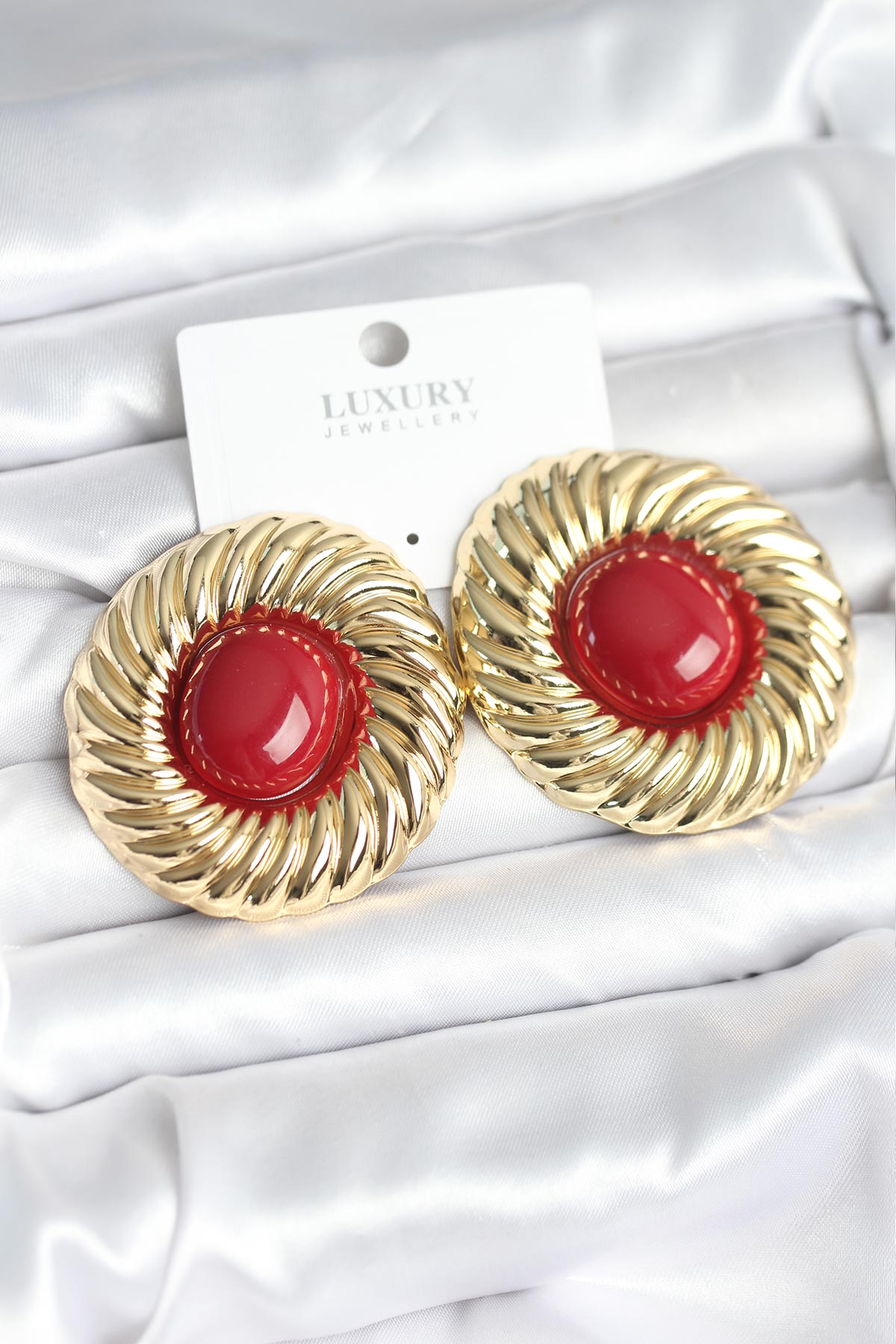 Pirinç Gold Renk Bordo Boncuklu Vintage Kadın Küpe 5886