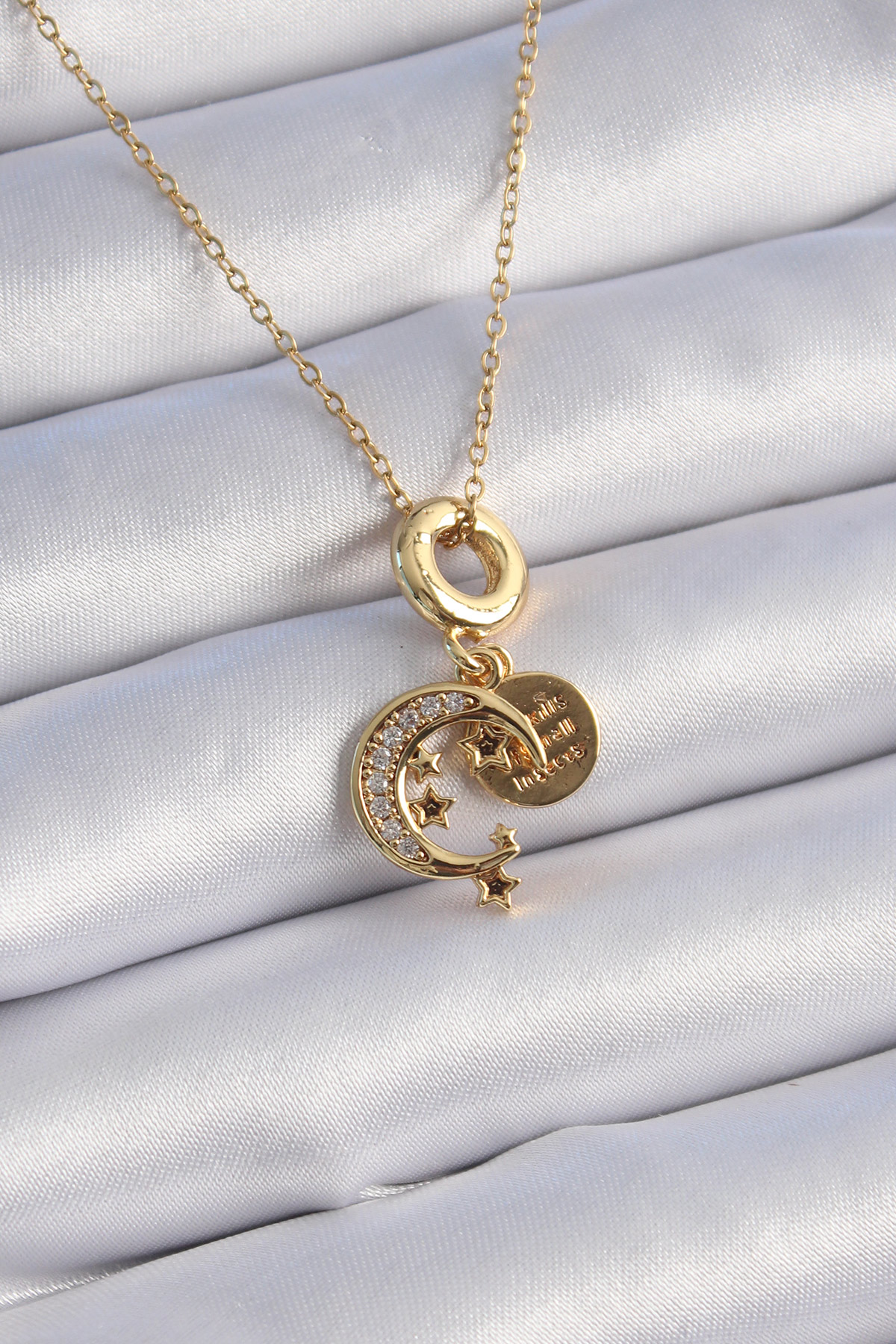 316L Çelik Gold Renk Zirkon Taşlı Ay Yıldız  Model Charm Model Kadın Kolye 5886