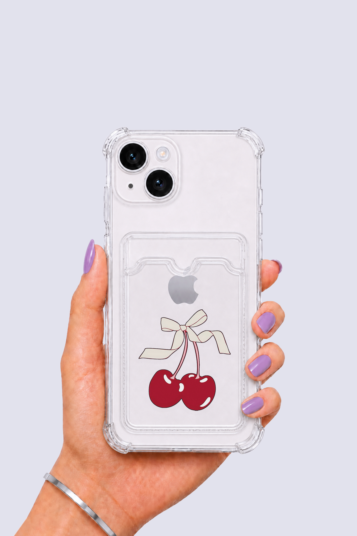 iPhone 15 Kartlıklı Kiraz Desenli Kılıf