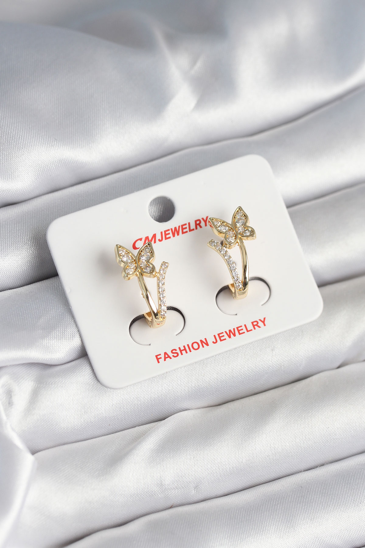Pirinç Gold Renk Zirkon Taşlı Kelebek Model Kadın Küpe 5886