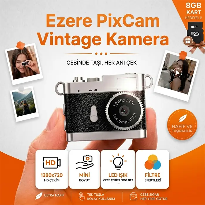 Ezere PixCam Vintage Taşınabilir Mini Dijital Kamera Selfie Video Vlog Kamerası Mini Anahtarlık 1080P