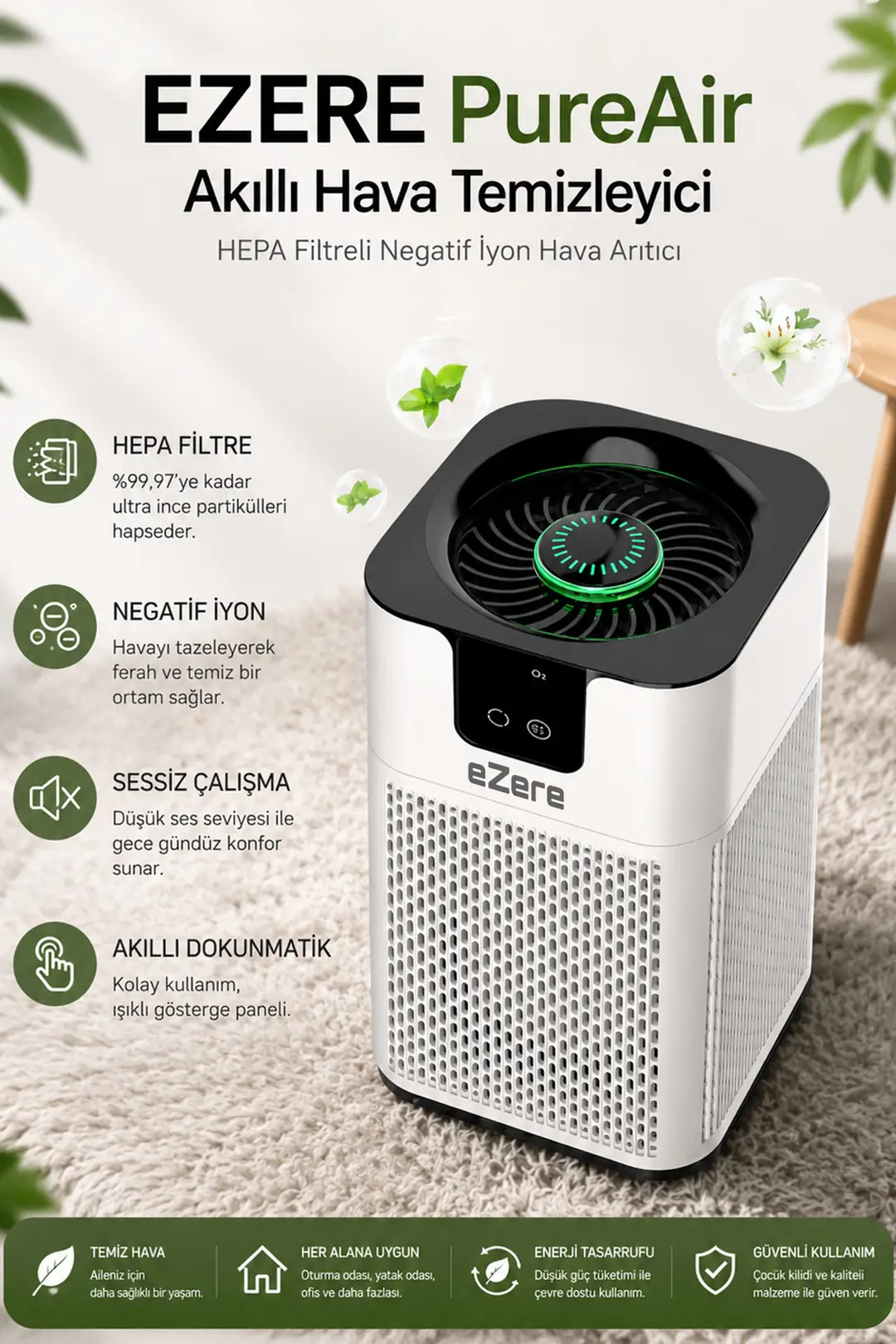 EZERE PureAir Akıllı Hava Temizleyici HEPA Filtreli Negatif İyon Hava Arıtıcı