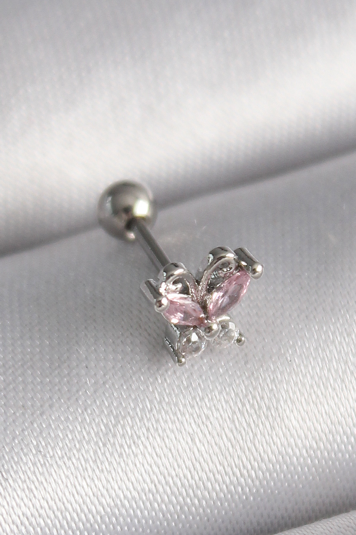316L Çelik Gümüş Renk Pembe Zirkon Taşlı Kelebek Tragus Piercing 5886