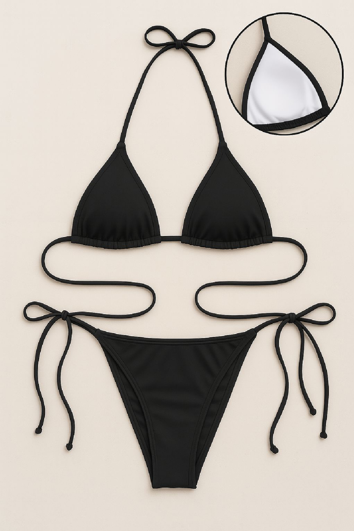 Kadın Siyah Yandan ve Boyundan Bağlamalı Bikini Mayo Takımı