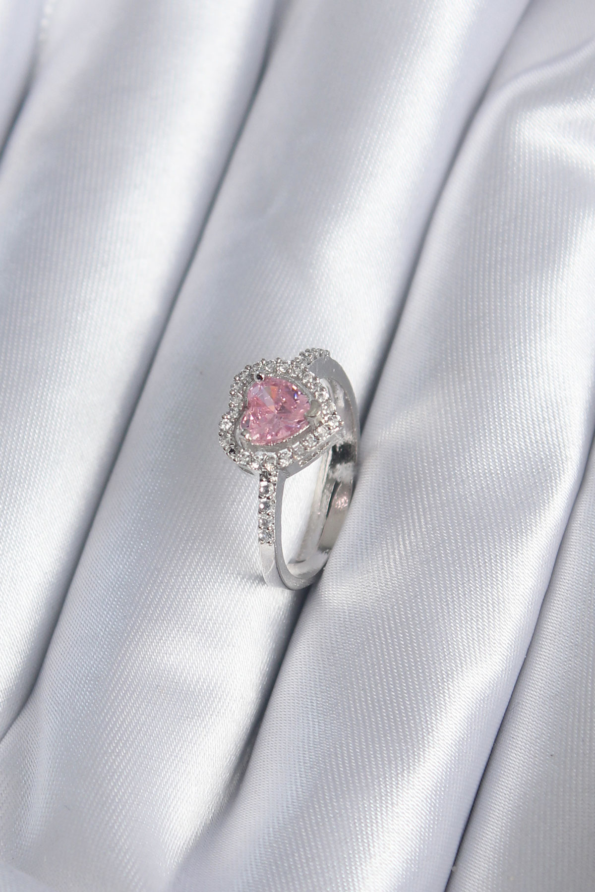 Pirinç Gümüş Renk Pembe Zirkon Taş Kalp Charm Model Kadın Yüzük 5886