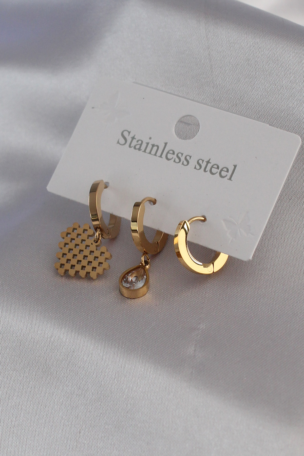 316L Çelik Gold Renk Kalp Model Zirkon Taş Detay Kadın Küpe Kombini 5886