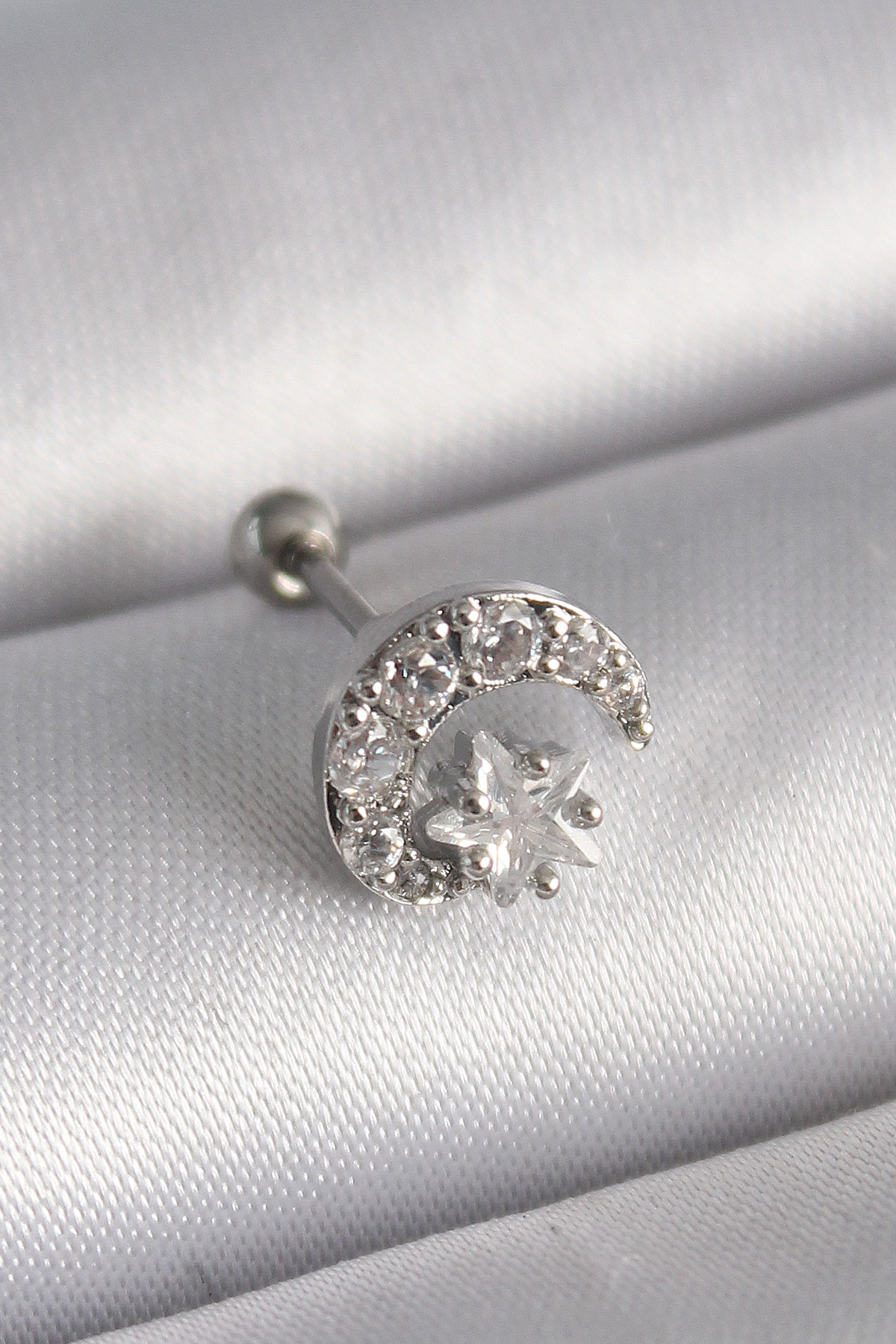 316L Çelik Gümüş Renk Zirkon Taşlı Ay Yıldız Tragus Piercing 5886