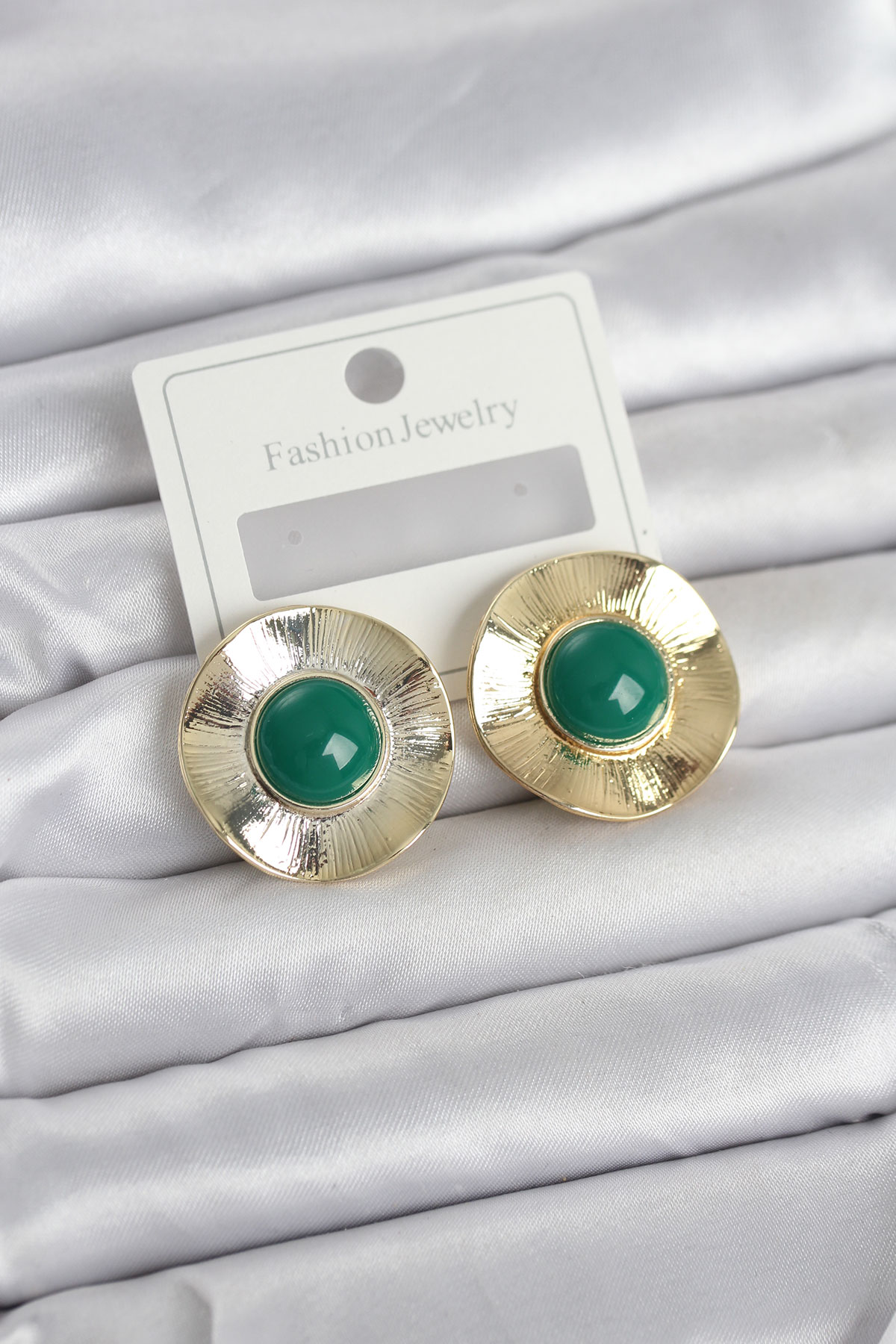 Vintage Model Yeşil Gold Renk Pirinç Kadın Küpe 5886
