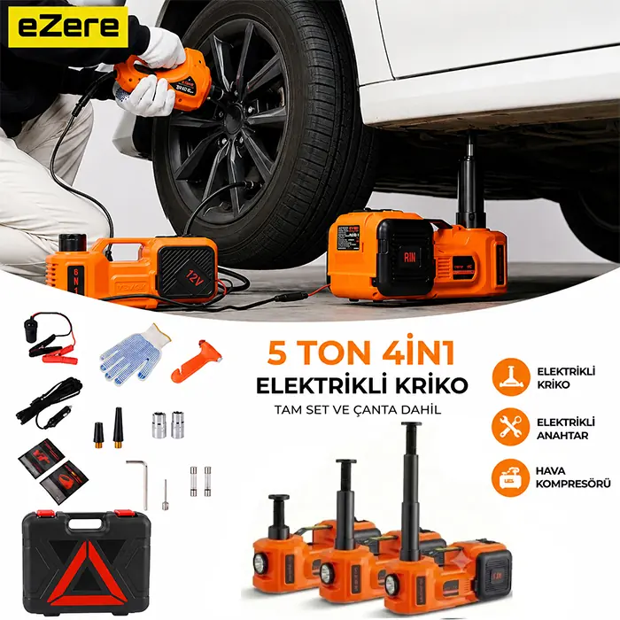 EZERE PowerLift Pro 5 Ton Çok Fonksiyonlu Elektrikli Hidrolik Kriko Lift Kaldırma / Kompresör / Bijon Sökme / LED Işık
