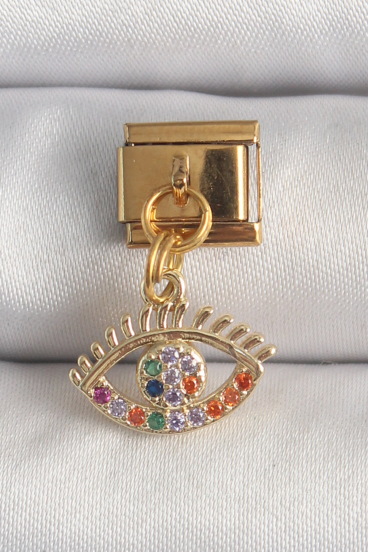 316L Çelik Gold Renk Sallantı Renkli Zirkon Taşlı Göz Model Nomination Charm 5886