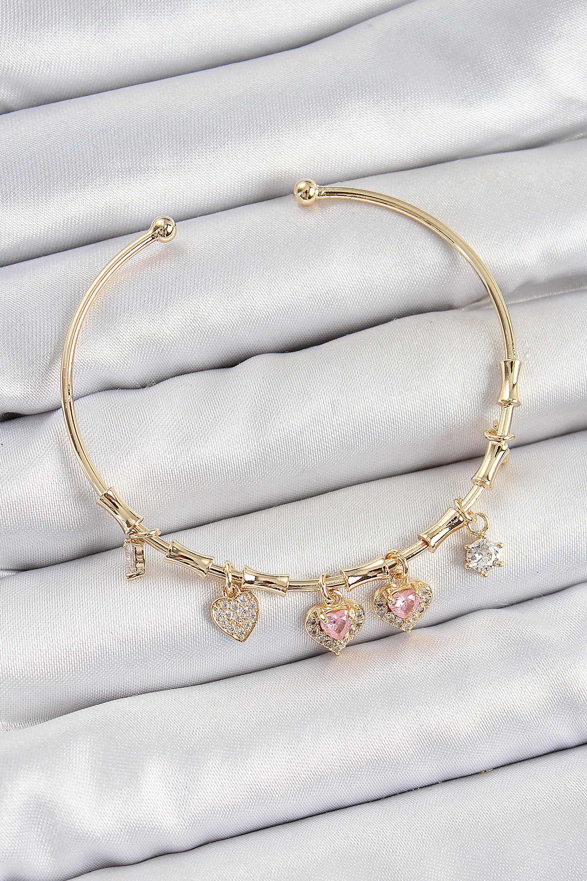 Pirinç Zirkon Taşlı Pembe Kalp Model Gold Renk Charm Bileklik 5886