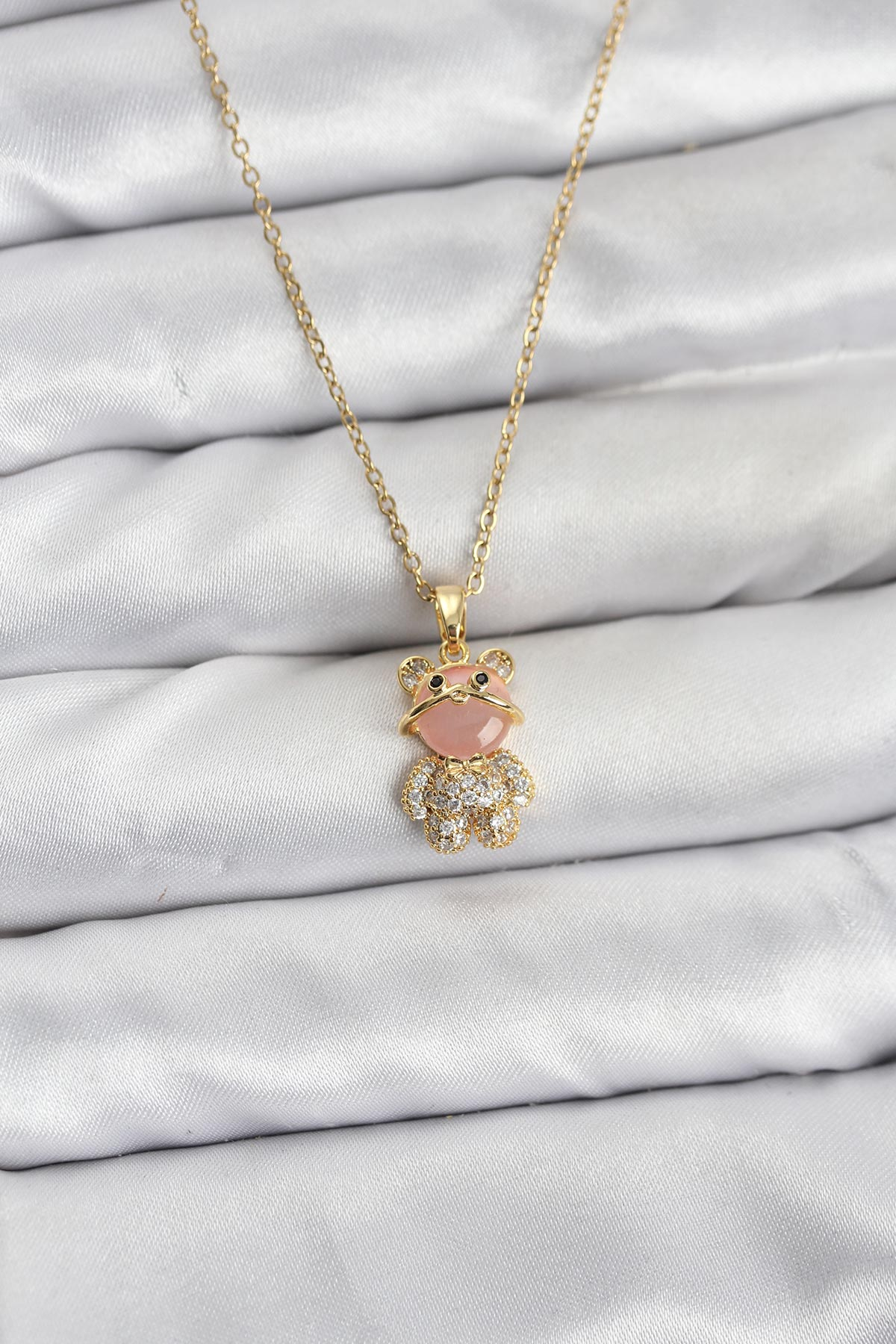 316L Çelik Zincir Gold Renk Teddy Bear Model Zirkon Taşlı Kadın Kolye 5886