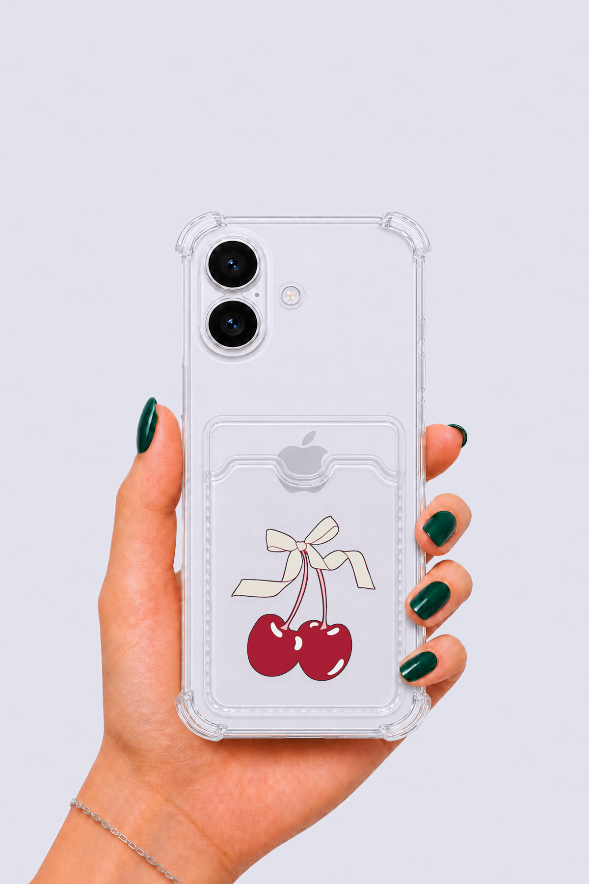iPhone 16 Kartlıklı Kiraz Desenli Kılıf