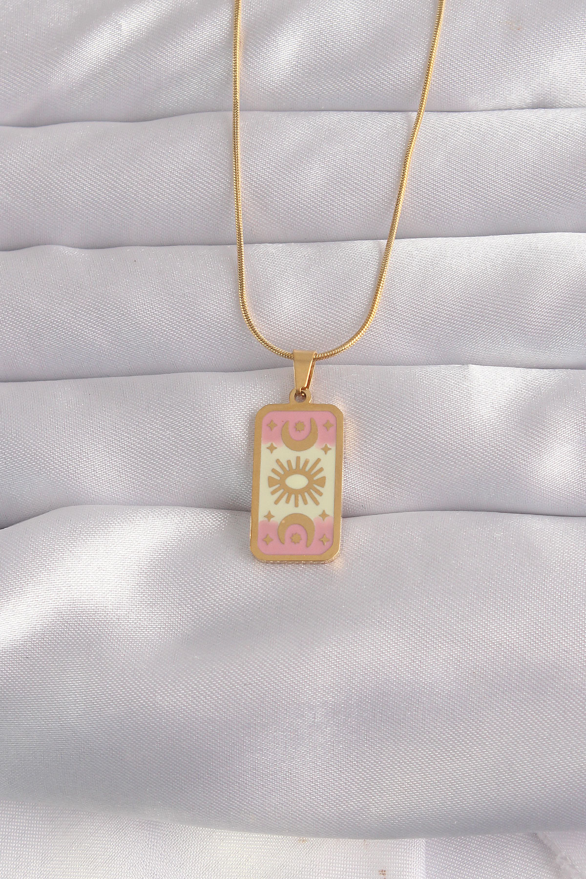 316L Çelik Gold Renk Karışık Mineli Ay Figür Tarot Kolye 5886