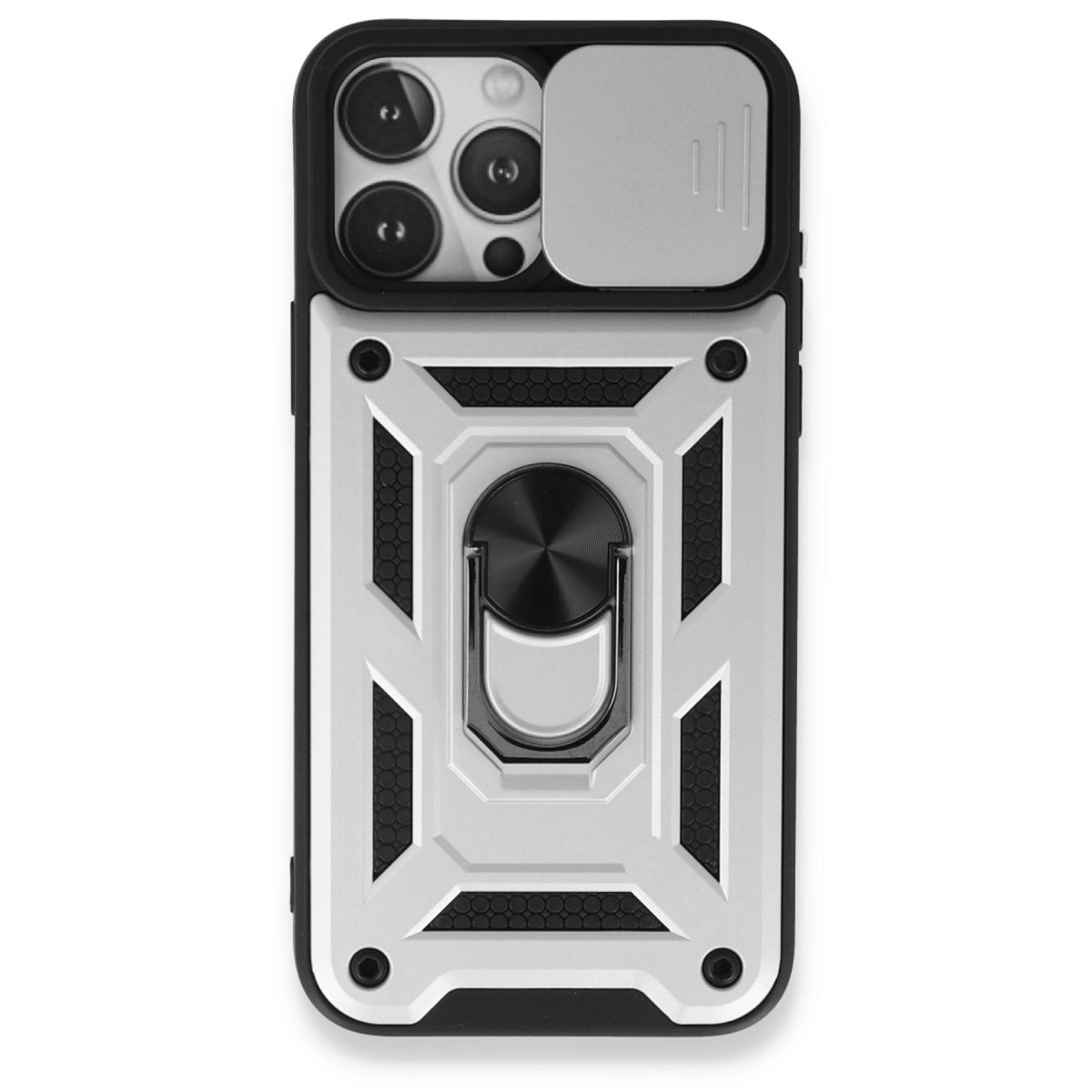 İphone 15 Pro Max Kılıf Pars Lens Yüzüklü Silikon - Gümüş