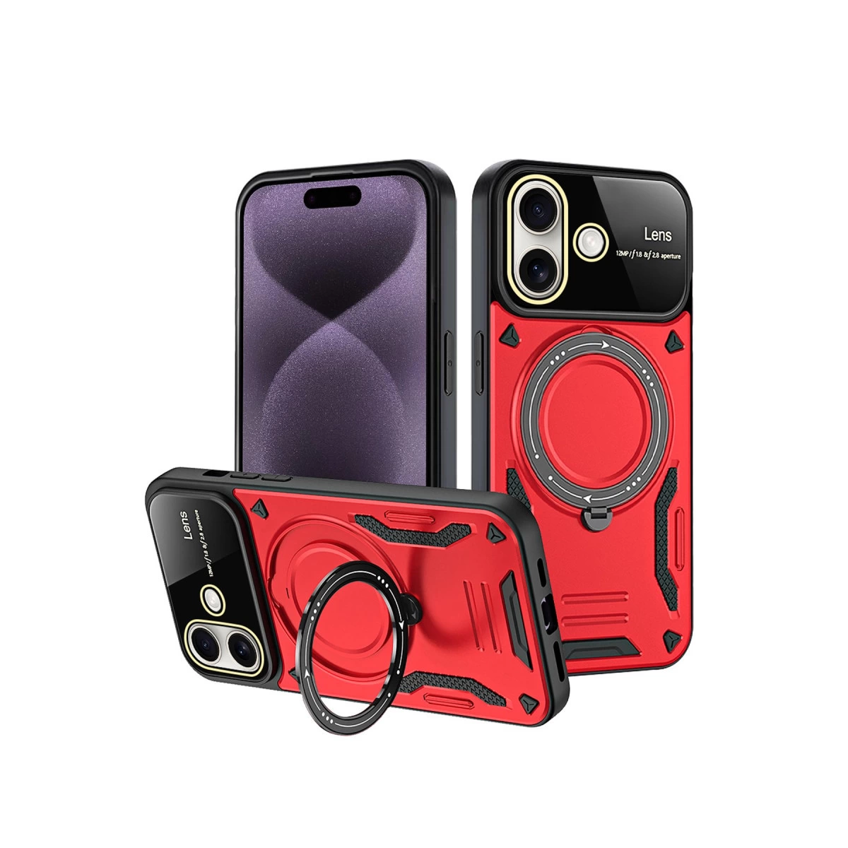 İphone 16 Kılıf Joy Lens Standlı Kapak - Kırmızı