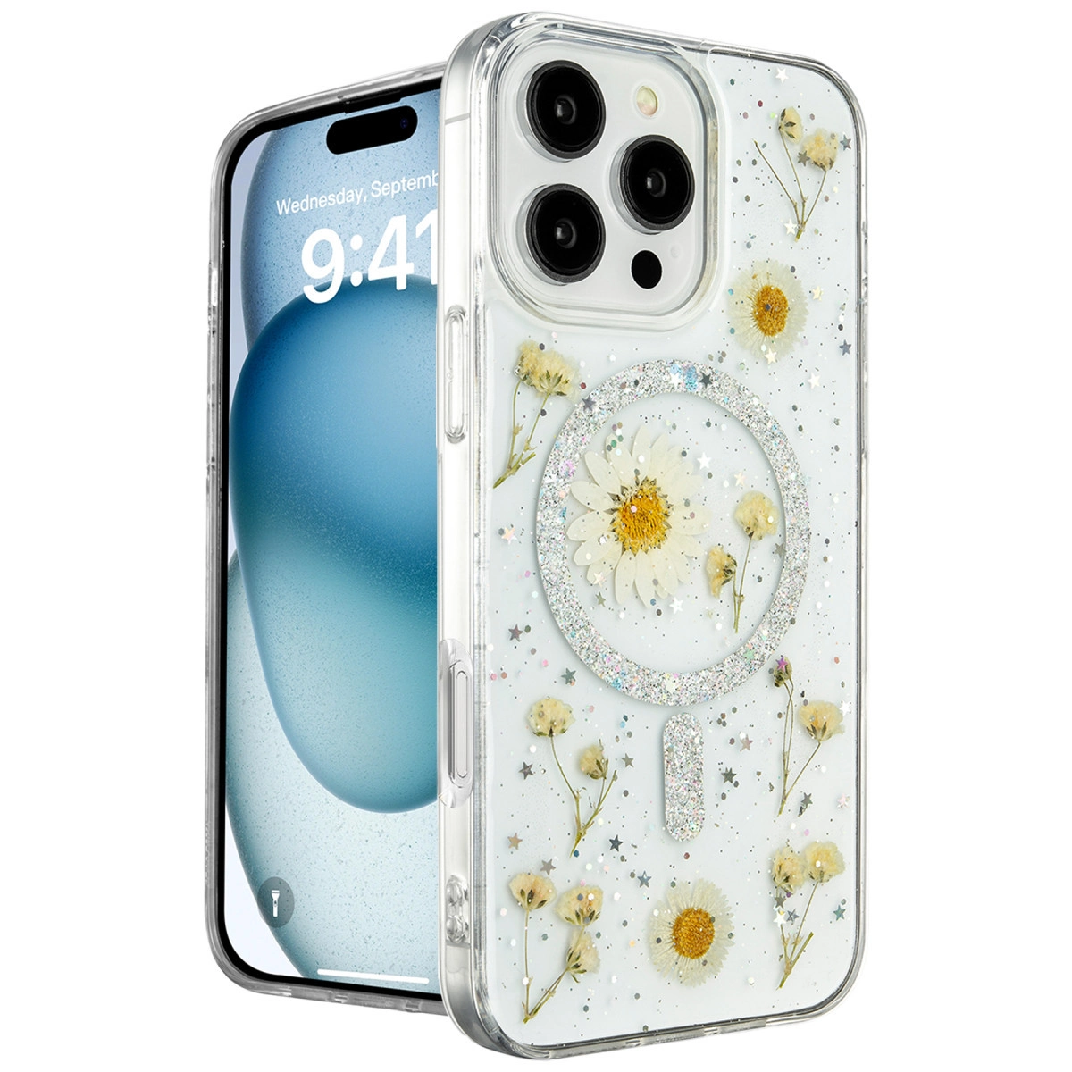 İphone 16 Pro Kılıf Daisy Simli Magsafe Kapak - Gümüş