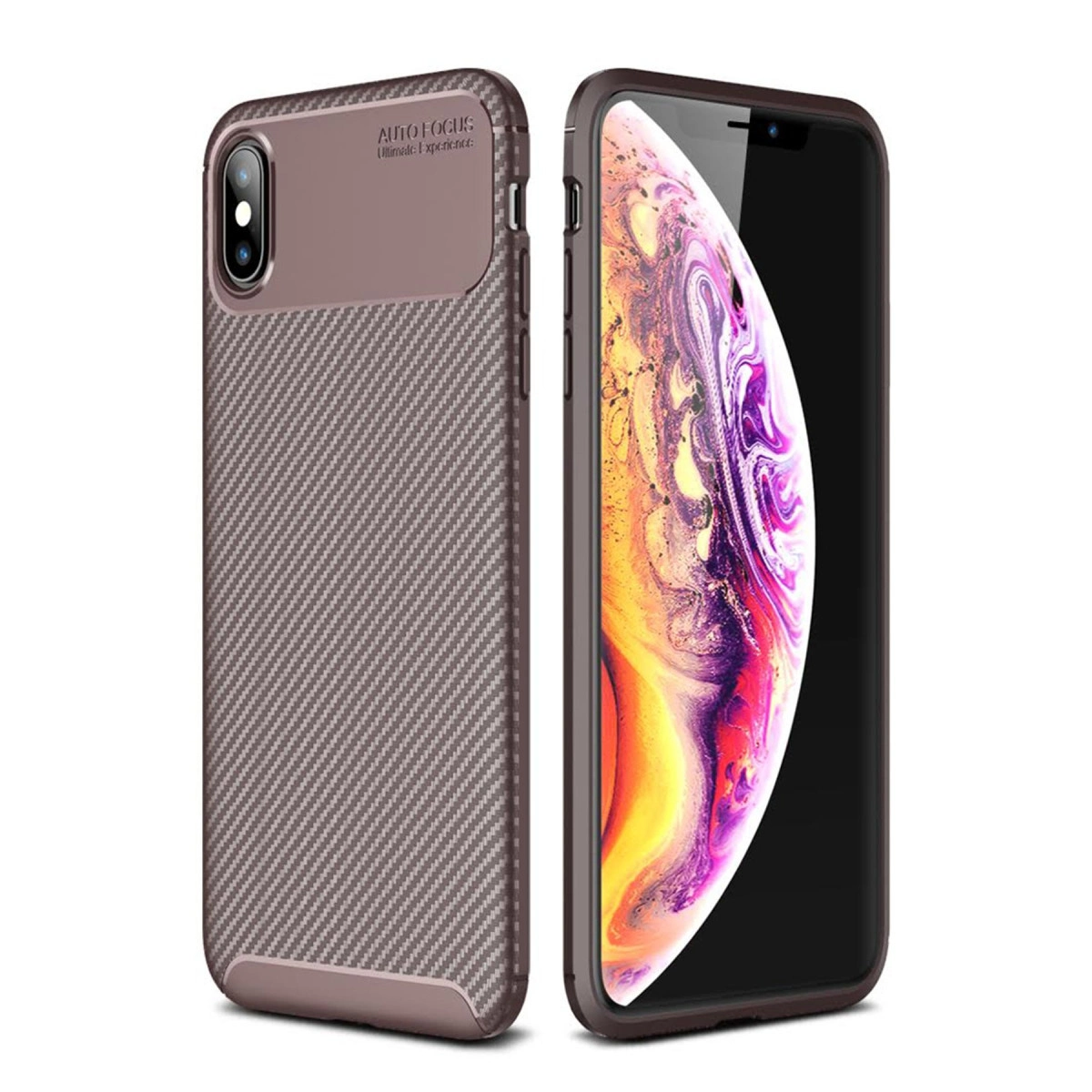 İphone Xs Max Kılıf Auto Focus Karbon Kapak - Kahverengi