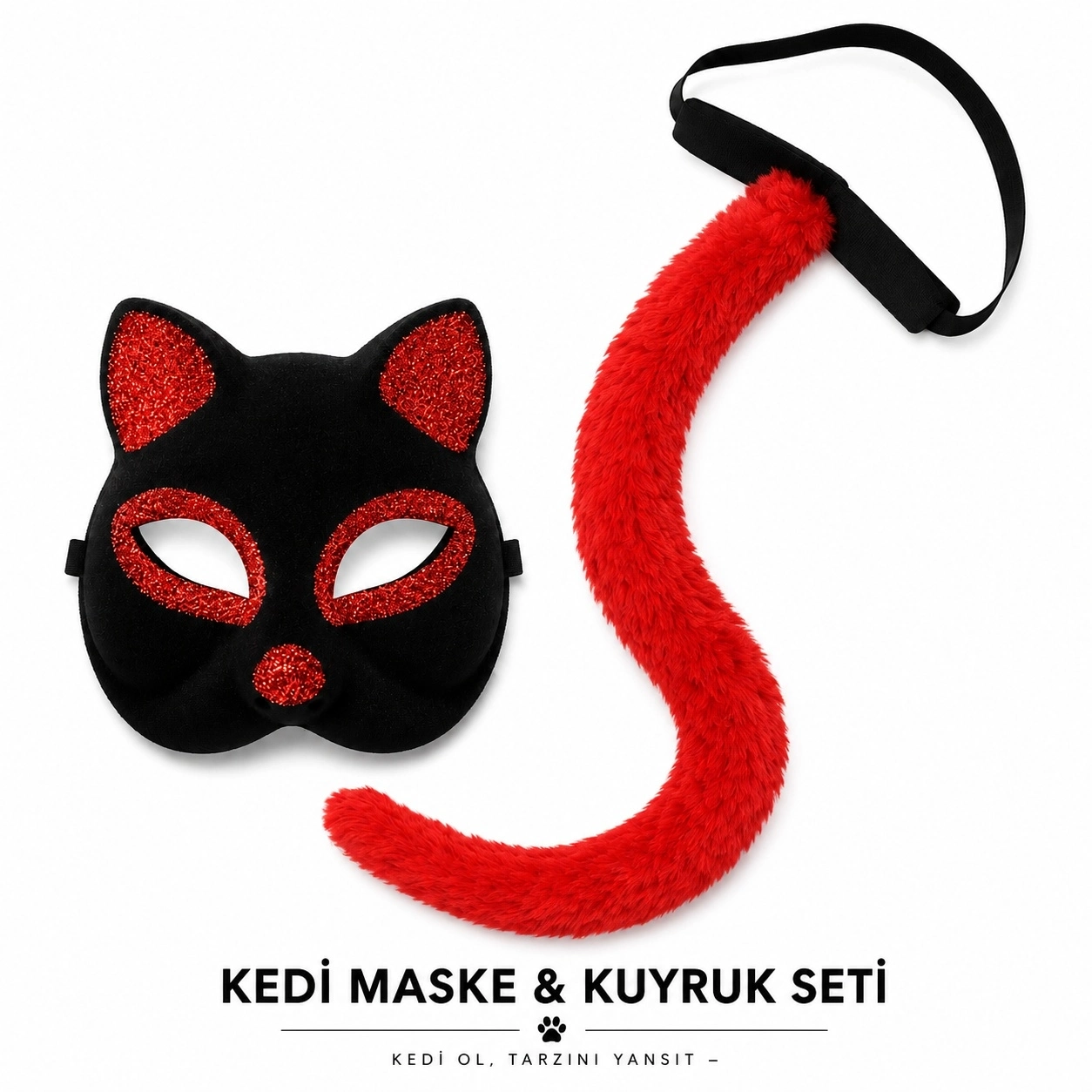 Kırmızı Kedi Maske Ve Kuyruk Seti Parti Kostüm Aksesuarı