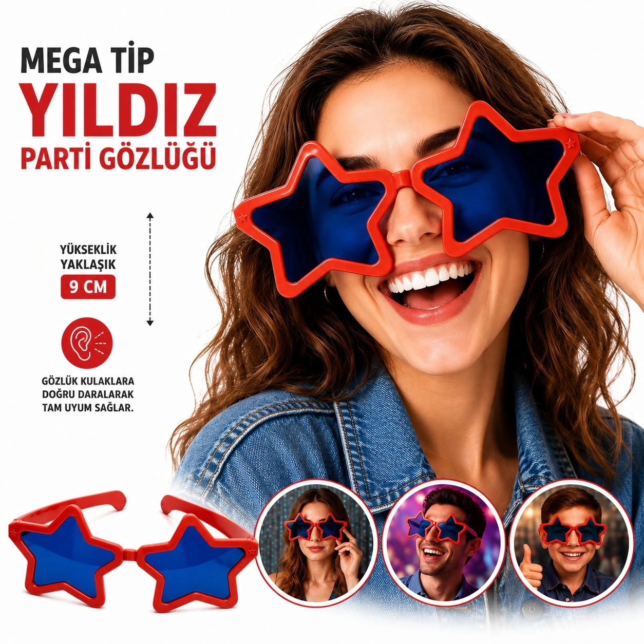 Mega Tip Yıldız Parti Gözlüğü Kırmızı Renk