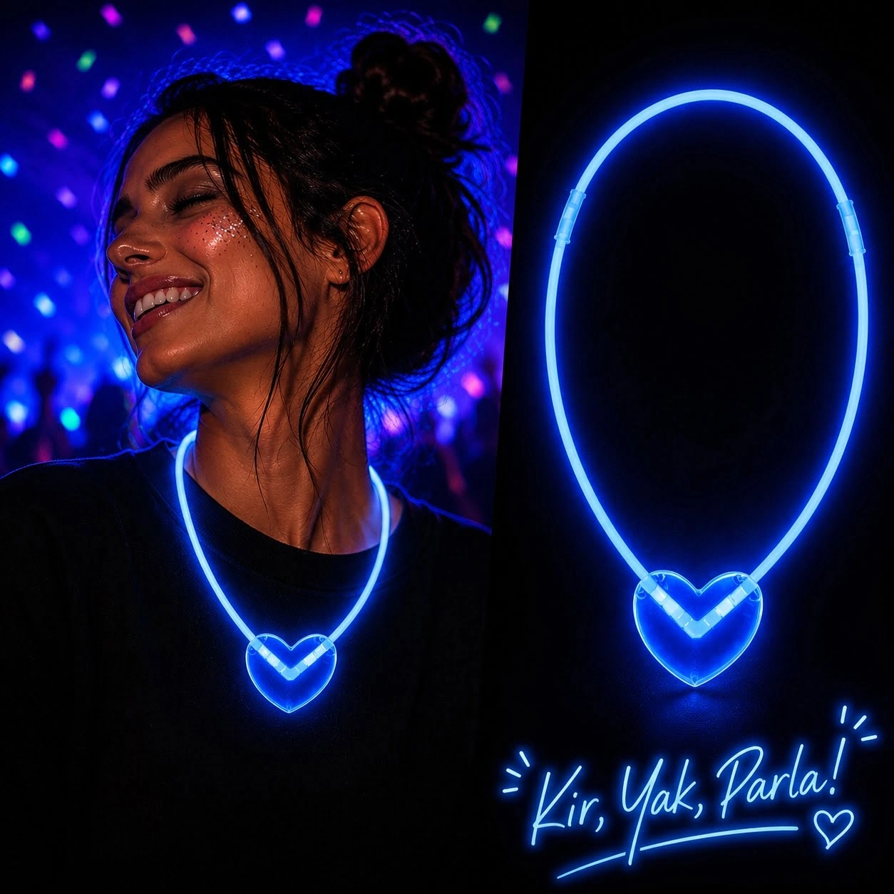 Neon Işıklı Fosforlu Kalp Parti Kolyesi Mavi Renk