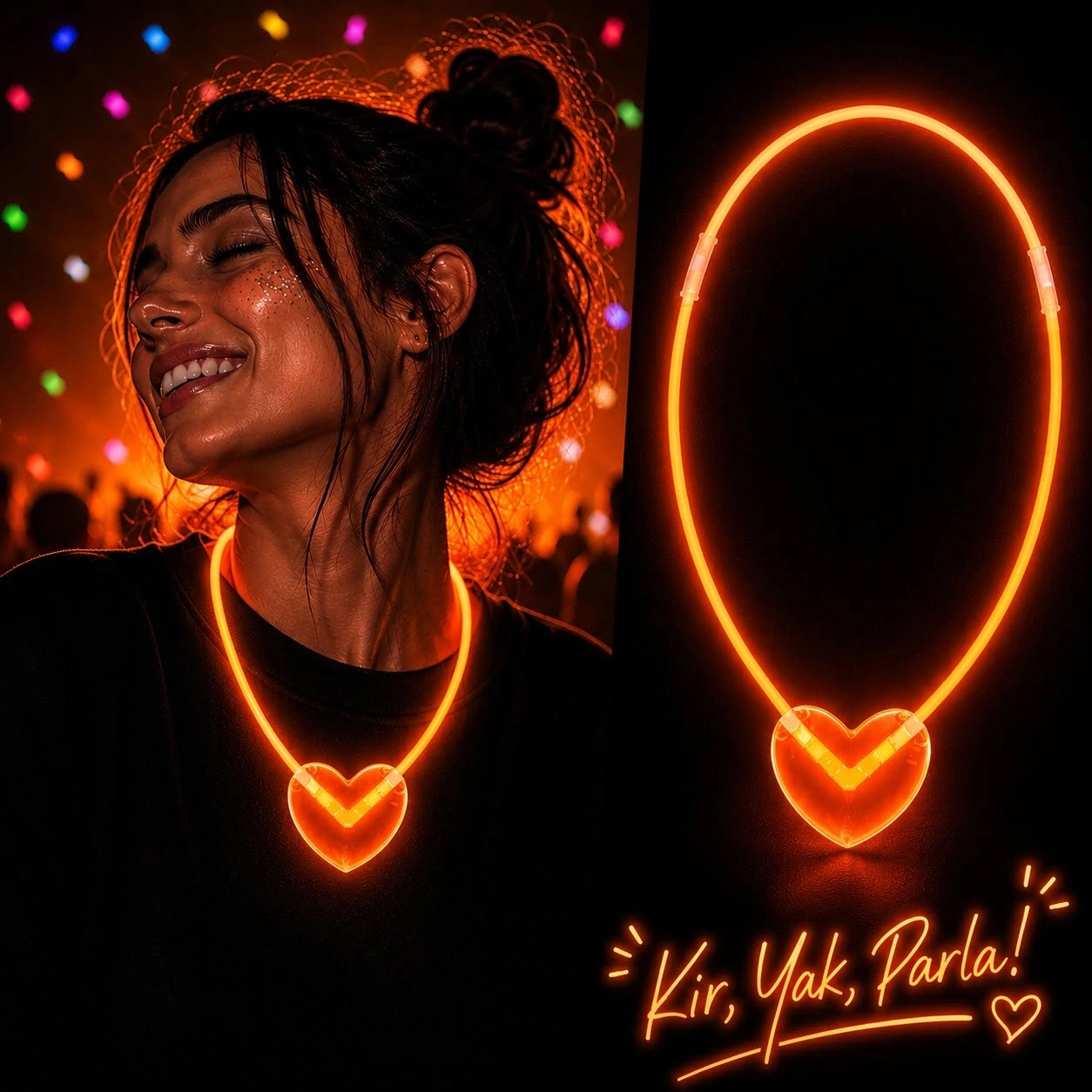 Neon Işıklı Fosforlu Kalp Parti Kolyesi Turuncu Renk