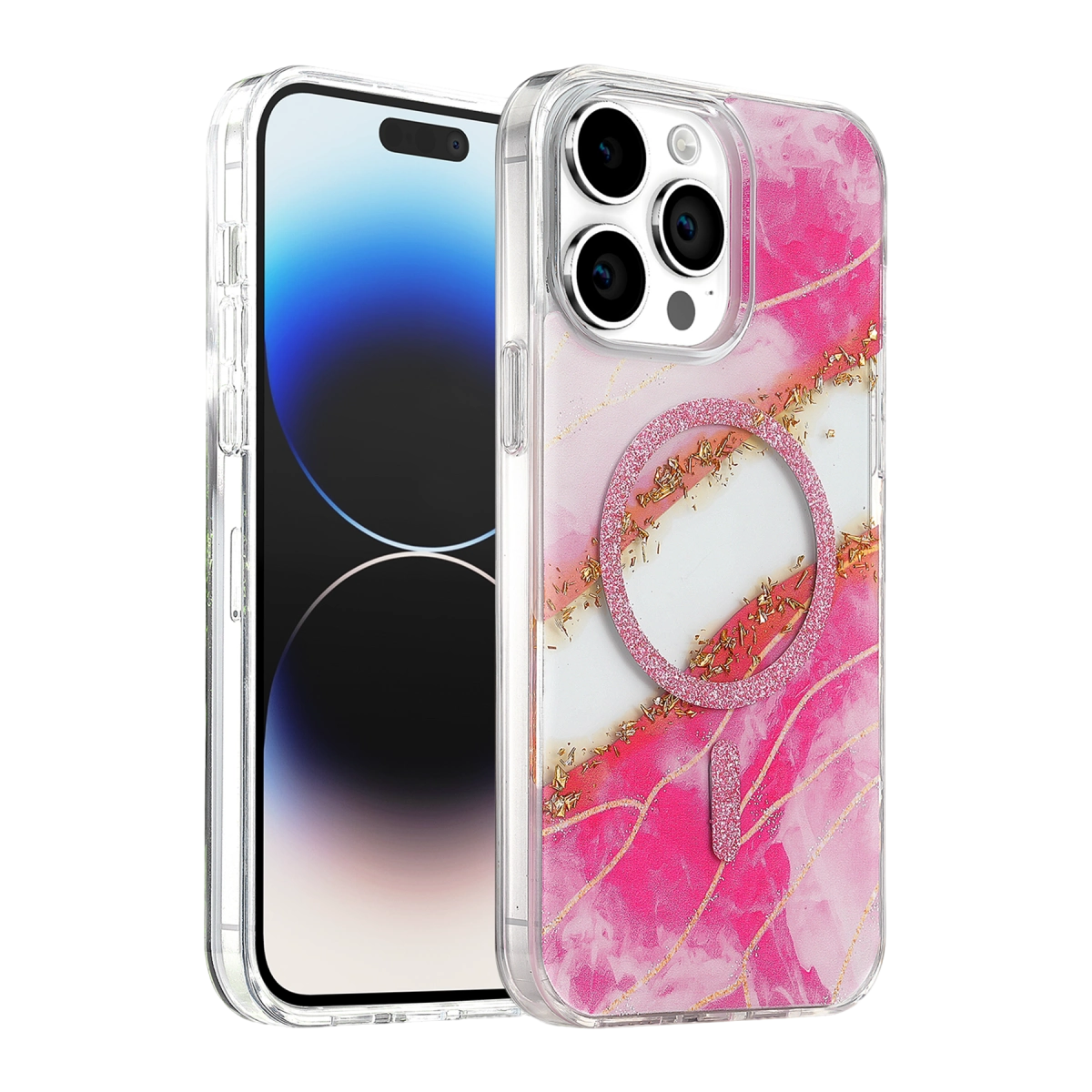 Onegif  İphone 14 Pro Max Lotus Simli Magsafe Kapak - Pembe