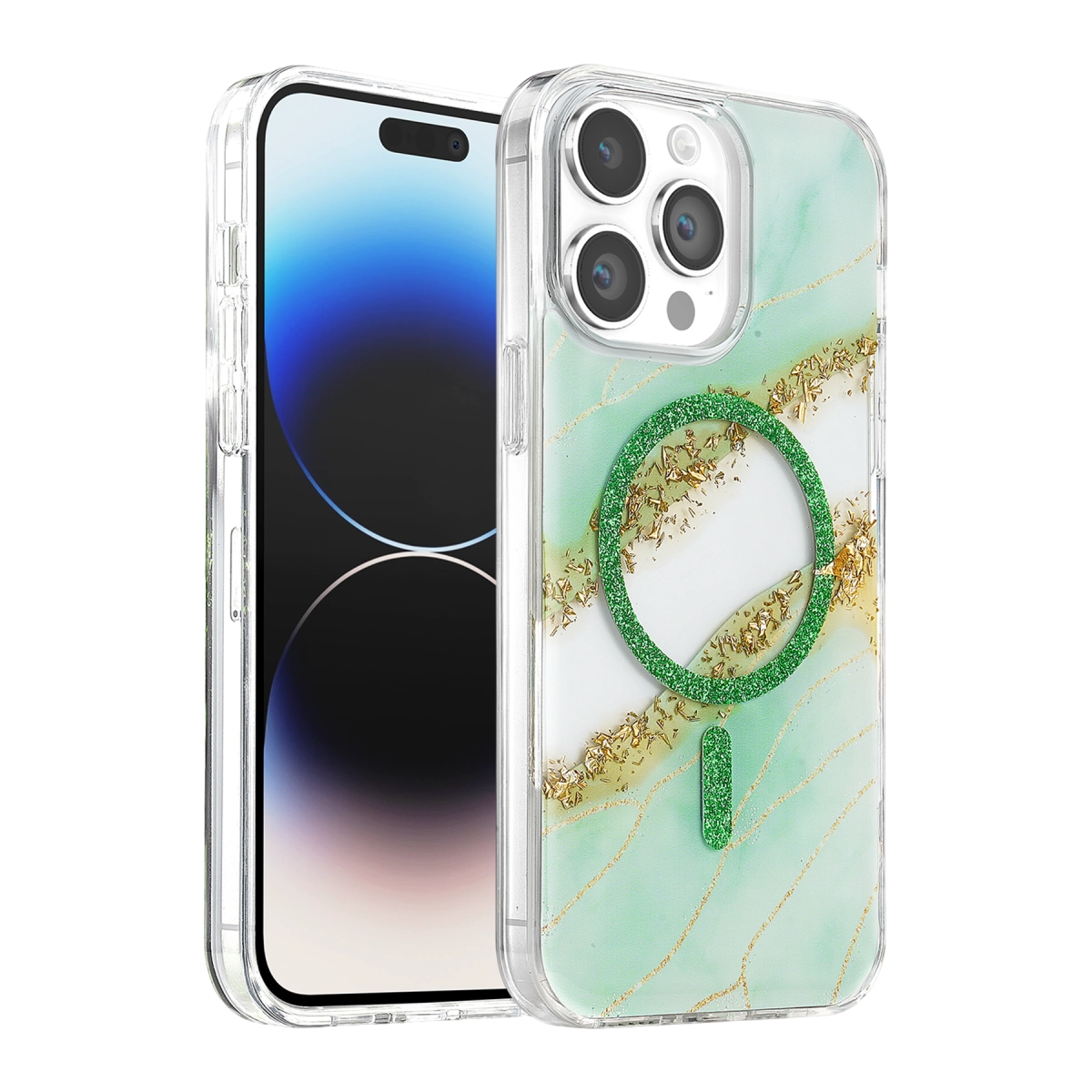 Onegif  İphone 15 Pro Max Lotus Simli Magsafe Kapak - Yeşil
