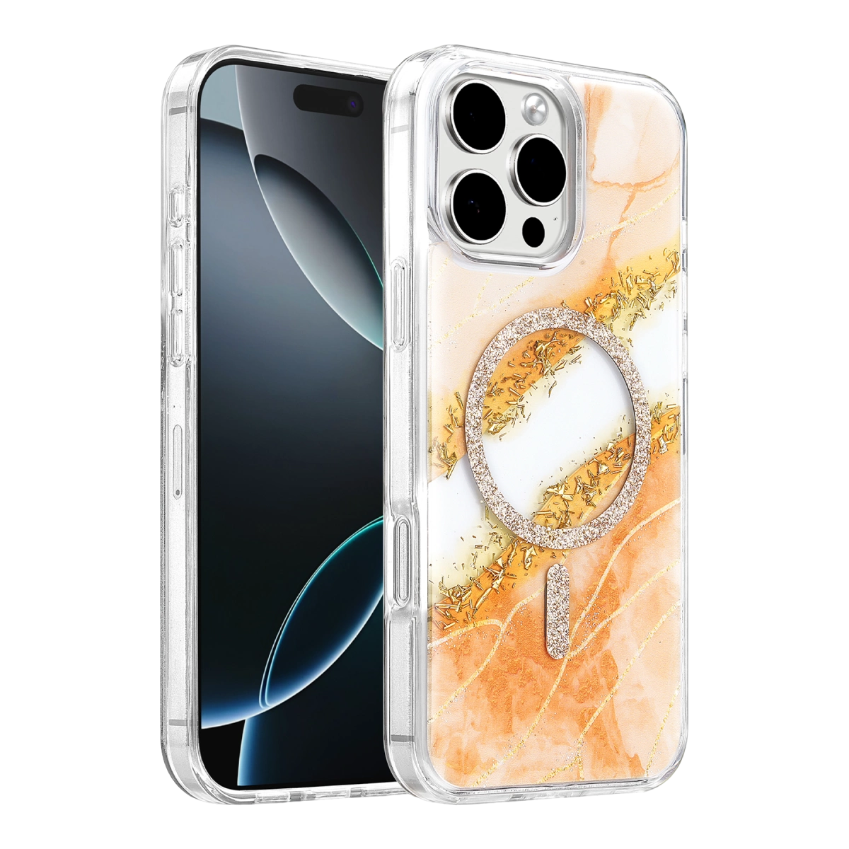 Onegif  İphone 16 Pro Max Lotus Simli Magsafe Kapak - Turuncu