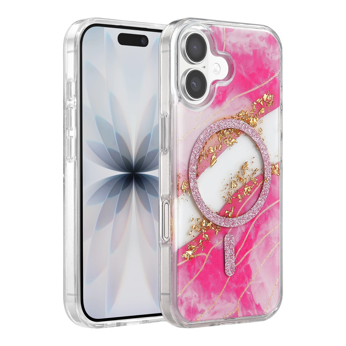 Onegif  İphone 17 Lotus Simli Magsafe Kapak - Pembe