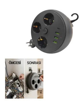 Akım Korumalı Çoklu Priz 3 Priz 3 USB 1 Type C 2 Metre Kablo Güvenli Şarj