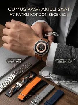 Gümüş Kasa Akıllı Saat - 6 Yedek Kordon Hediyeli