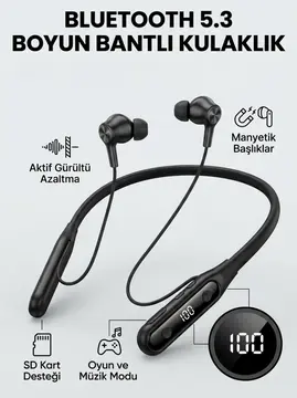 Ekranlı ve SD Kart Destekli Bluetooth 5.3 Boyun Bantlı Kulaklık