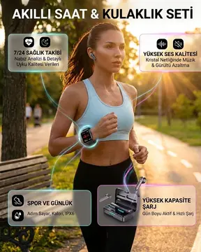 Bluetooth Kulaklıklı Akıllı Saat Seti Yüksek Ses Kalitesi ve 3D Ekran