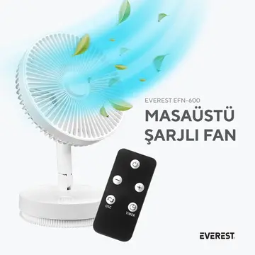 EVEREST EFN-600 BEYAZ 4 Kademeli Hız Masaüstü Kullanım Taşınabilir Dahili 2000mAh Bataryalı USB Şarj Girişli Kumandalı Vantilatör(1923)