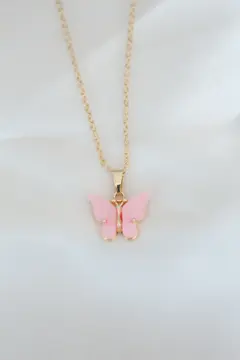 Gold Kaplama Pembe Sedefli Kelebek Kolye 5886