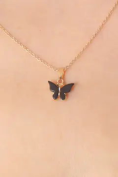 Gold Siyah Renk Kelebek Figür Kadın Kolye 5886
