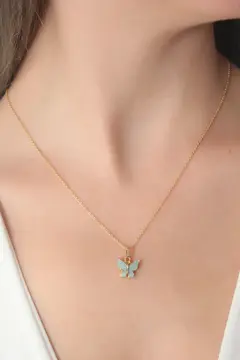 Gold Renk Su Yeşili Kelebek Figür Kadın Kolye 5886