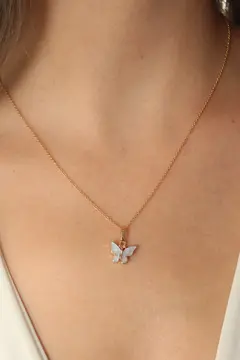 Gold Mavi Renk Kelebek Figür Kadın Kolye 5886