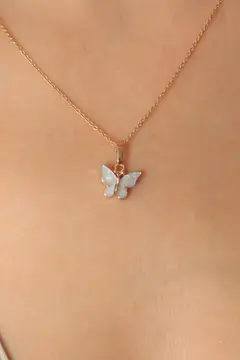 Gold Mavi Renk Kelebek Figür Kadın Kolye 5886