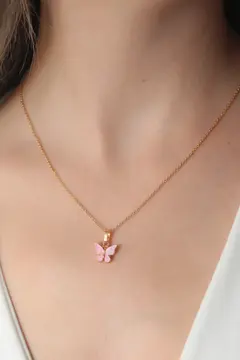 Gold Pembe Renk Kelebek Figür Kadın Kolye 5886