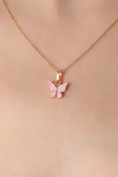 Gold Pembe Renk Kelebek Figür Kadın Kolye 5886