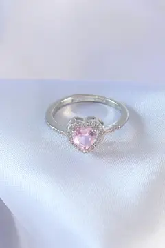 Gümüş Renk Pembe Zirkon Taşlı Kalp Charm Model Pirinç Kadın Yüzük 5886